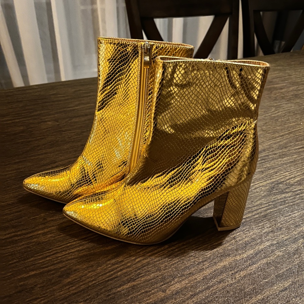 Gold Snake-Texture Block Heel Ankle Boots - Women